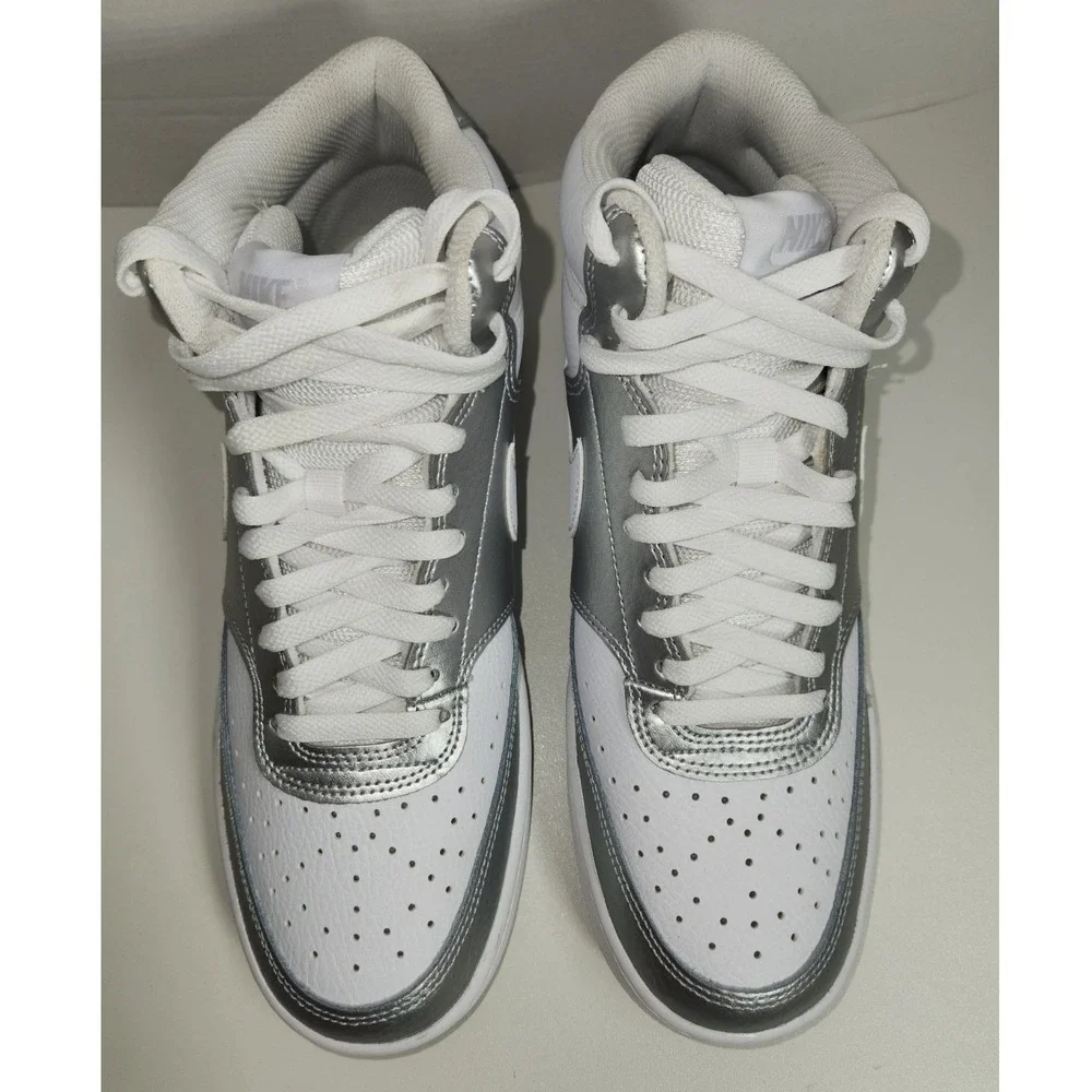 Nike Court Vision Mid White Metallic Silver Athletic Shoes Women's Size 10 NWOB